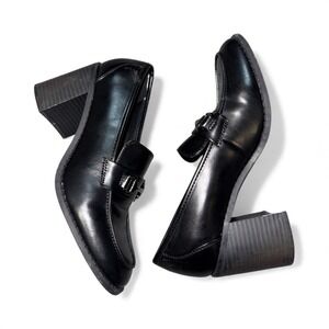 Marc Fisher Black Leather Chunky Heel Loafer Shoes Womens 8.5M Block Heel Buckle